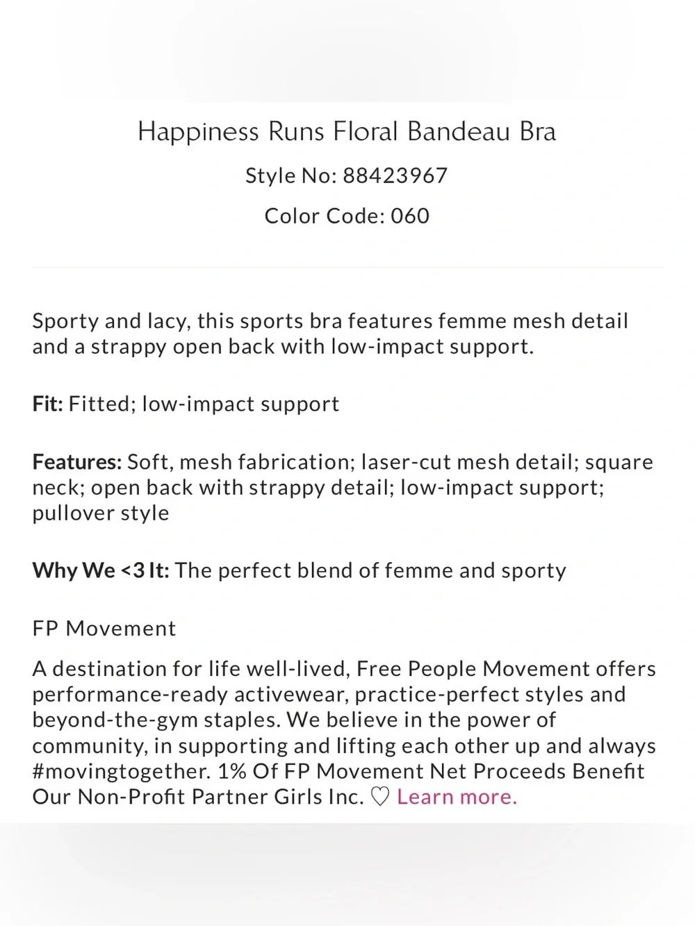 FP Movement by Free People Happiness Runs Floral Bandeau Bra Dusty Rose Size M/L